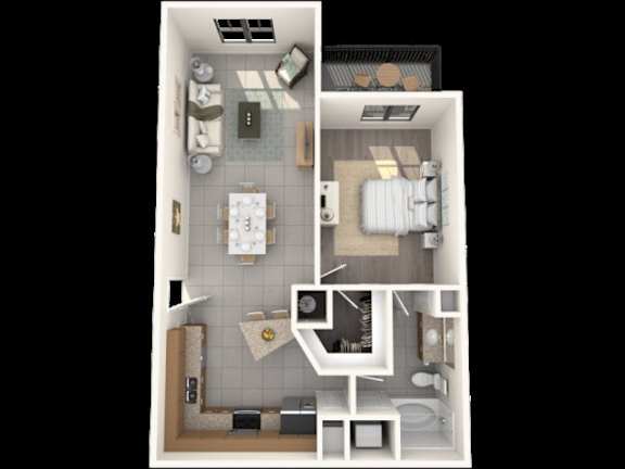 Floor Plan  A top-down view of a small apartment with a kitchen, living room, and bathroom.