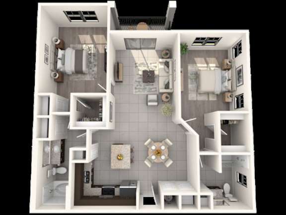 Floor Plan  A 3D rendered image of a modern apartment layout.