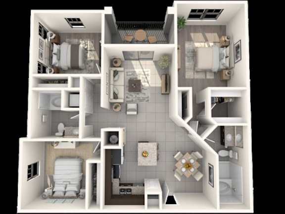 Floor Plan  A 3D floor plan of a small apartment with a kitchen, living room, and bathroom.