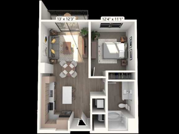 Floor Plan  A 13x12 floor plan of a small apartment with a kitchen, living room, and bathroom.
