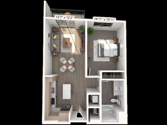 Floor Plan  A 3D floor plan of a small apartment with a kitchen, living room, and bathroom.