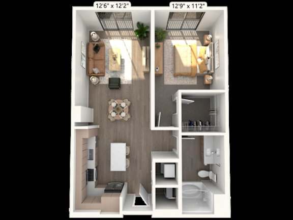 Floor Plan  A floor plan of a small apartment with a kitchen, living room, and bathroom.