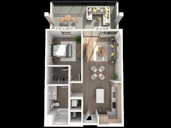 Floor Plan  A 3D floor plan of a small apartment with a kitchen, living room, and bathroom.
