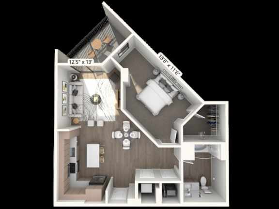 Floor Plan  A 3D floor plan of a small apartment with a kitchen, living room, and bathroom.