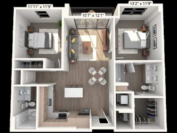 Floor Plan  A floor plan of a small apartment with a kitchen, living room, and bathroom.