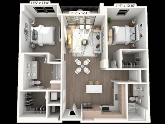 Floor Plan  A floor plan of a two-bedroom apartment with dimensions and furniture layout.