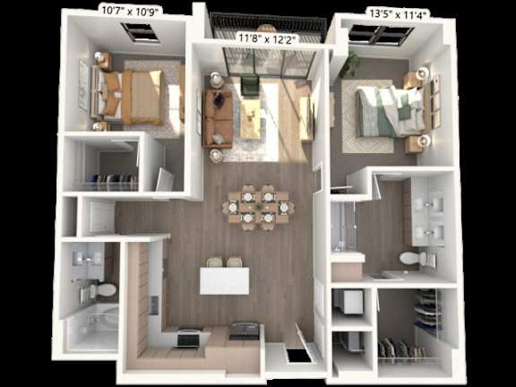 Floor Plan  A 3D floor plan of a small apartment with a kitchen, living room, and bathroom.