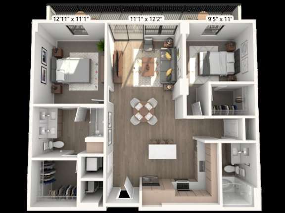 Floor Plan  A 3D floor plan of a house with dimensions and a central open space.