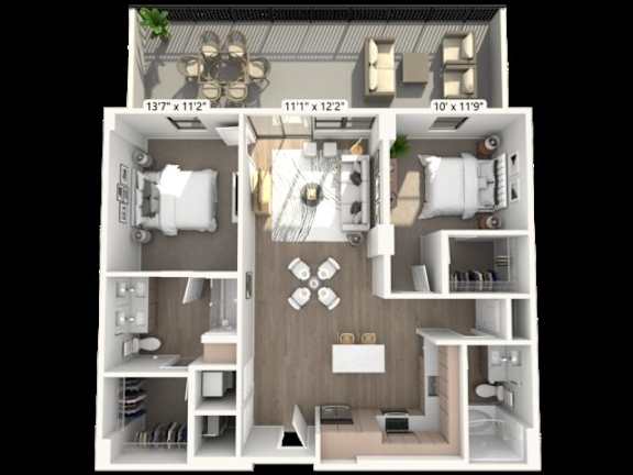 Floor Plan  A 3D floor plan of a small apartment with a kitchen, living room, and bathroom.