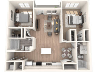 Floor Plan  A 3D floor plan of a small apartment with a kitchen, living room, and two bedrooms.