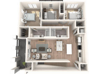 Floor Plan  A 3D floor plan of a house with a kitchen, living room, and bedrooms.