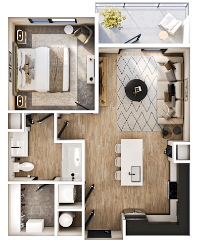 Floor Plan  A top-down view of a small apartment layout with a kitchen, living room, and bathroom.
