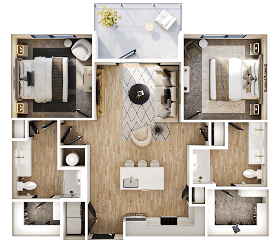 Floor Plan  A top-down view of a room layout with a bed, a desk, a chair, and a bathroom area.