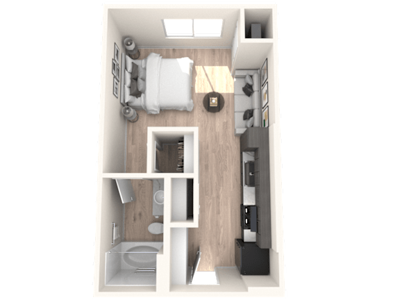 Floor Plan  A 3D floor plan of a small apartment with a bedroom, living room, and kitchen.
