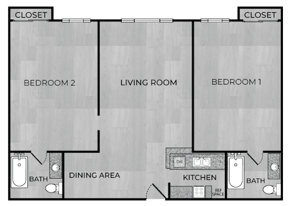 Floor Plan  A floor plan of a house with two bedrooms, a living room, a dining area, a kitchen, and two bathrooms.