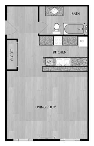 Floor Plan  A floor plan of a room with a bath, kitchen, and living room.