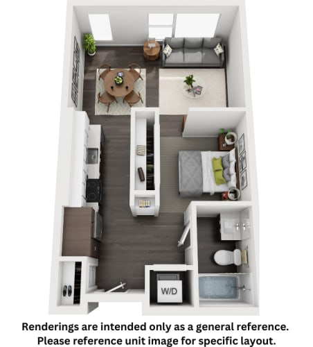 Floor Plan  a rendering of a 1 bedroom floor plan with a kitchen and a living room