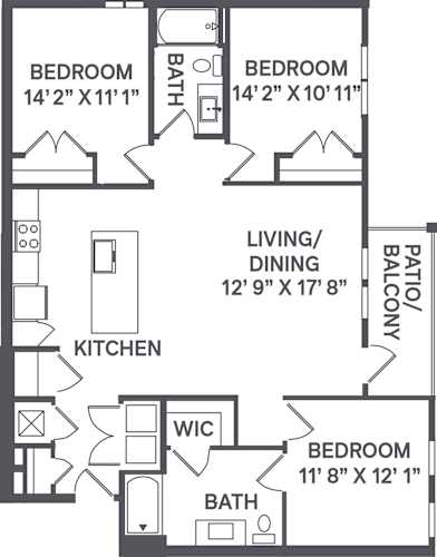 Floor Plan  A black and white image of a floor plan for a house with a living room, dining room, kitchen, and three bedrooms.