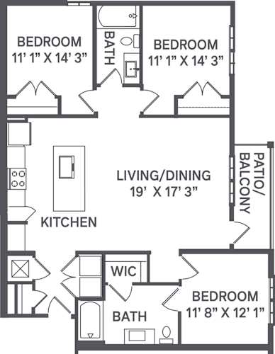 Floor Plan  A black and white image of a house floor plan with a living room, dining room, kitchen, and three bedrooms.