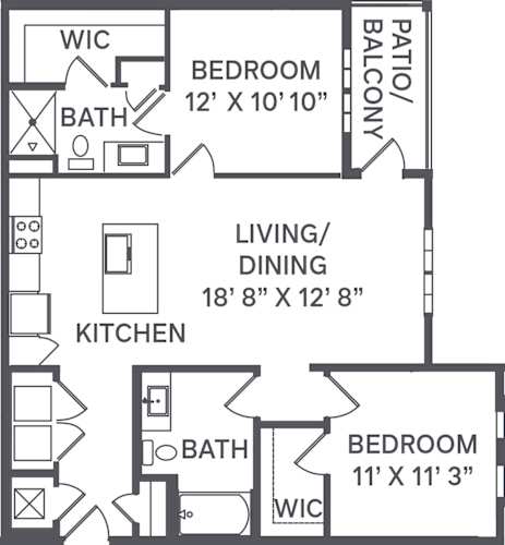 Floor Plan  A black and white image of a house floor plan with a living/dining area, kitchen, two bedrooms, and a bathroom.