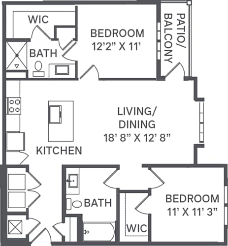 Floor Plan  A black and white image of a house floor plan with a living/dining area, kitchen, and three bedrooms.