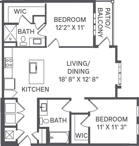 Floor Plan  A black and white image of a house floor plan with a living/dining area, two bedrooms, a kitchen, and a bathroom.