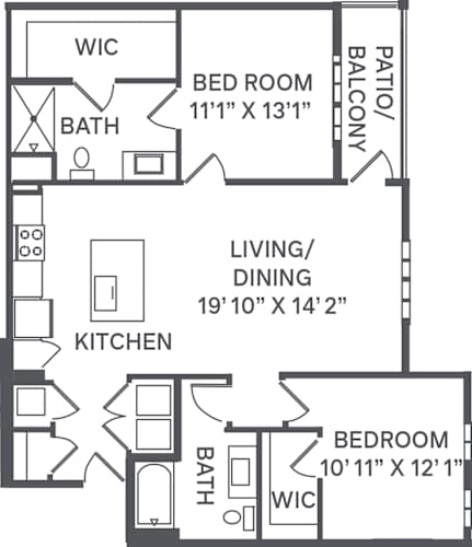Floor Plan  A black and white image of a floor plan for a house with a living room, kitchen, two bedrooms, and a bathroom.