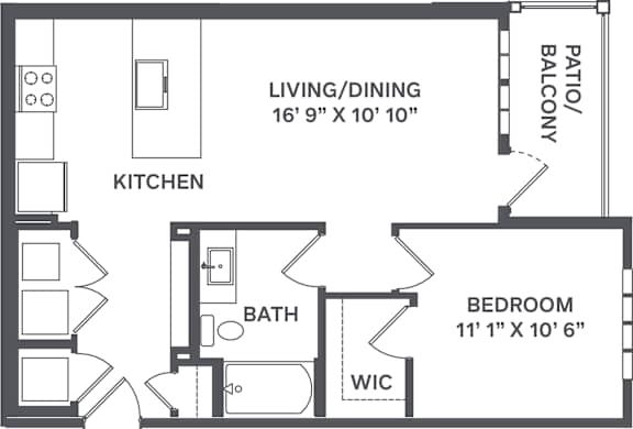 Floor Plan  A floor plan of a small apartment with a living/dining area, kitchen, bath, bedroom, and balcony.
