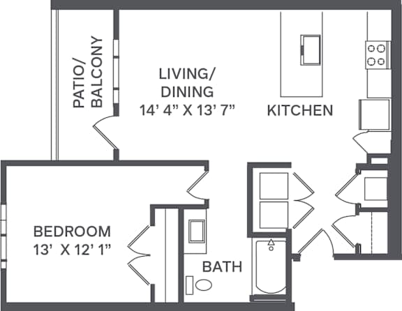Floor Plan  A floor plan of a small apartment with a bedroom, bathroom, living/dining area, and kitchen.