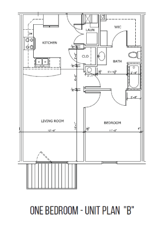 Floor Plan  A black and white image of a one bedroom apartment layout.