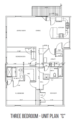 Floor Plan  A black and white image of a three bedroom unit plan.