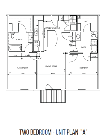 Floor Plan  A black and white image of a two bedroom apartment layout.