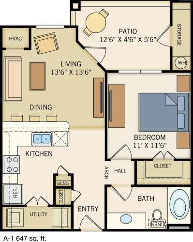 Floor Plan  A-1 Floor Plan at Legacy Creekside Apartments, San Antonio, TX