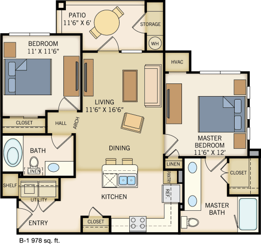 Floor Plan  B-1 Floor Plan at Legacy Creekside Apartments, San Antonio, TX, 78251