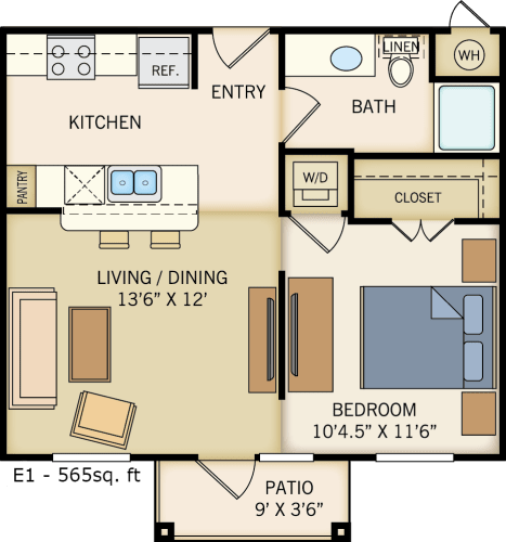 Floor Plan  E-1 Floor Plan at Legacy Creekside Apartments, San Antonio, TX