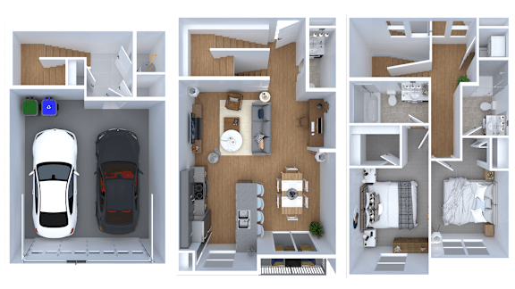 Floor Plan  A 3D floor plan of a house with a car parked in the garage.