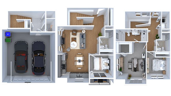 Floor Plan  A diagram shows three different floor plans of an apartment.