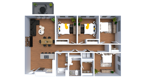 Floor Plan  A 3D floor plan of a house with multiple rooms and furniture.