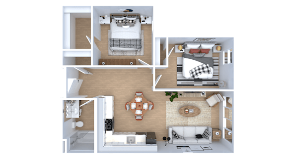 Floor Plan  A top-down view of a small apartment layout with a kitchen, living room, and bedroom.