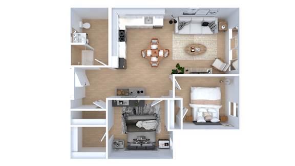 Floor Plan  A top-down view of a small apartment with a kitchen, living room, and bedroom.