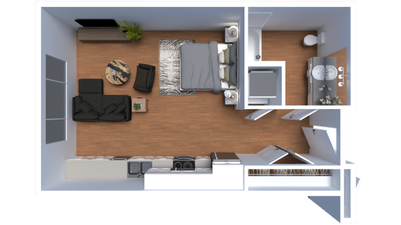 Floor Plan  a birds eye view of a living room with a wood floor