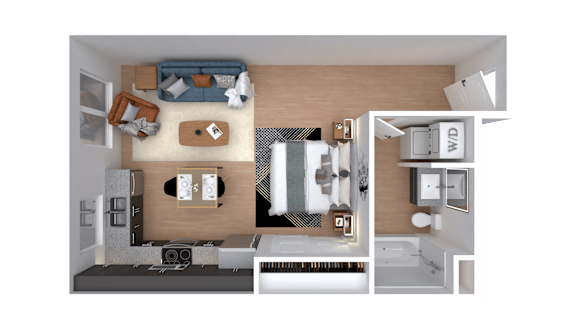 Floor Plan  A 3D rendered image of a small apartment layout.