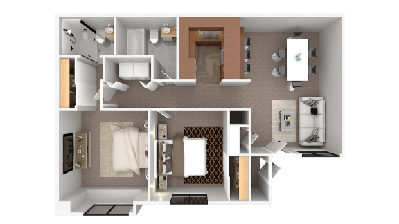 Floor Plan  a rendering of a bedroom with a bathroom and a living room