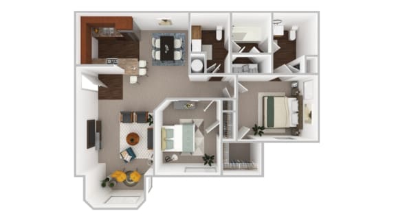 Floor Plan  a stylized floor plan with bedrooms and baths and a living room