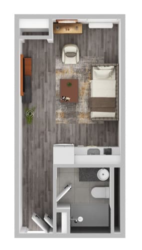 Floor Plan  a stylized floor plan with a bedroom and a bathroom