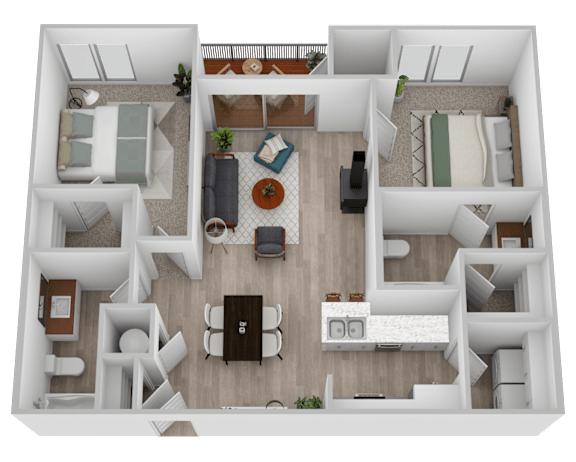 Floor Plan  A top-down view of a house layout with a living room, kitchen, dining area, and bedrooms.
