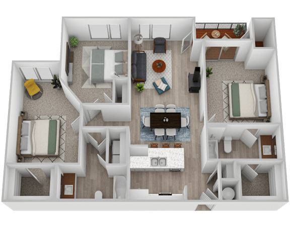 Floor Plan  A top-down view of a house layout with multiple rooms and furniture.