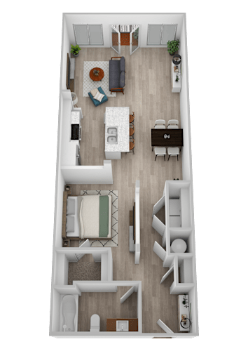 Floor Plan  A top-down view of a modern apartment layout with a living room, dining area, kitchen, and bedrooms.