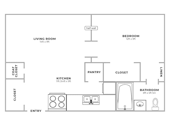 Floor Plan  A floor plan of a small apartment with a living room, kitchen, bathroom, and bedroom.