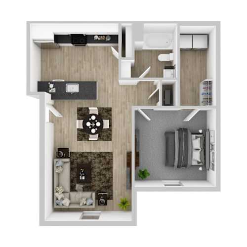 Floor Plan  A 3D floor plan of a small apartment with a kitchen, living room, and bathroom.